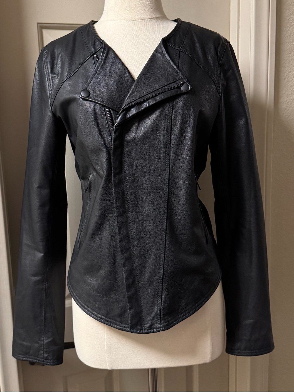 Volcom STONE ROW Black Genuine Leather Moto Jacket with black buttons and zips